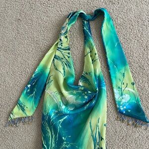 RARE Y2K Cache blue & green silk maxi dress halter